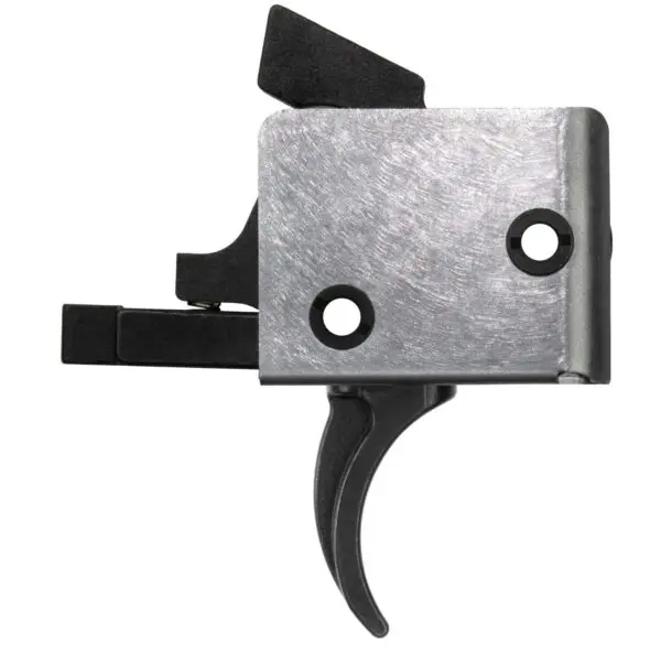 Rifle trigger mechanism with metal and black parts.